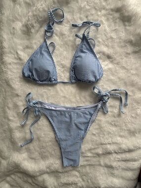Zaful Blue and White Gingham Tie-Side Triangle Bikini